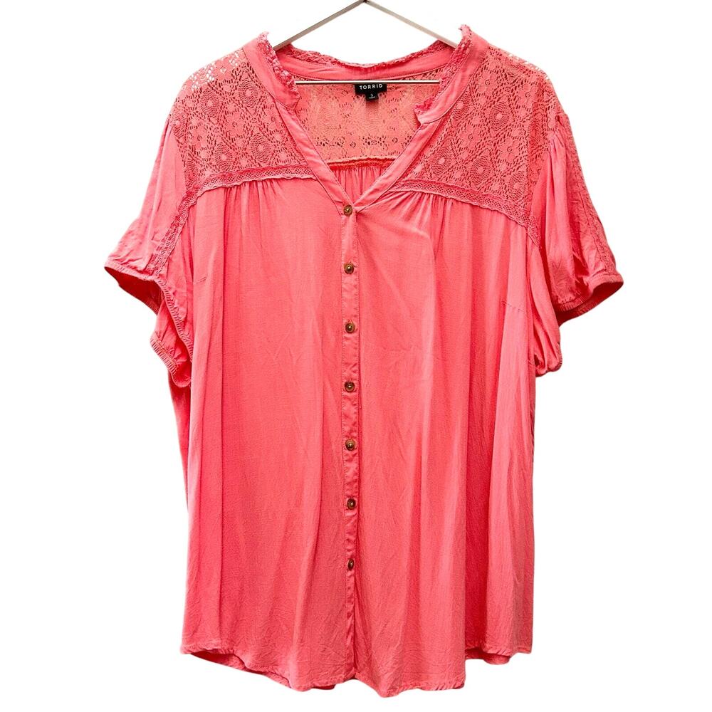 TORRID Coral Pink Button Front Lace Yoke Blouse Top Plus Size 3 (3XL)